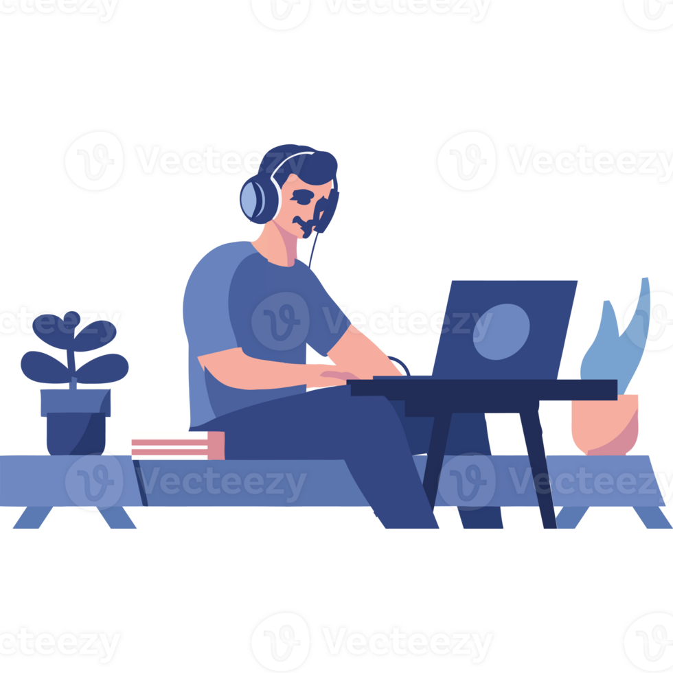 A man in headphones is working on his laptop png
