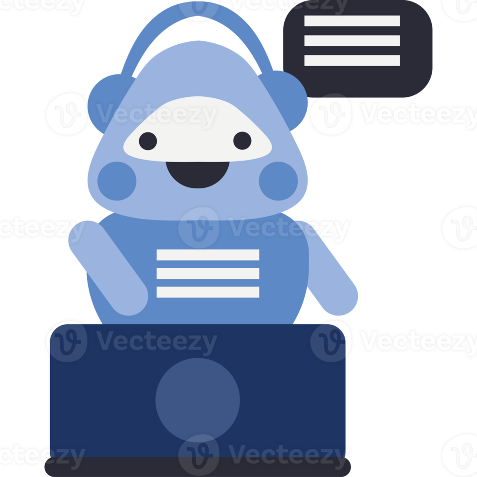 A blue robot with headphones on and a speech bubble png