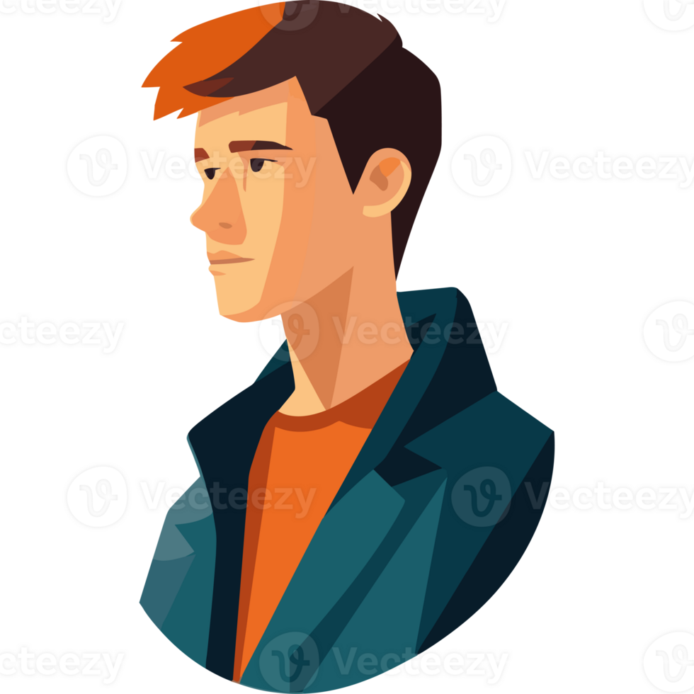 A man in a blue jacket and orange shirt png