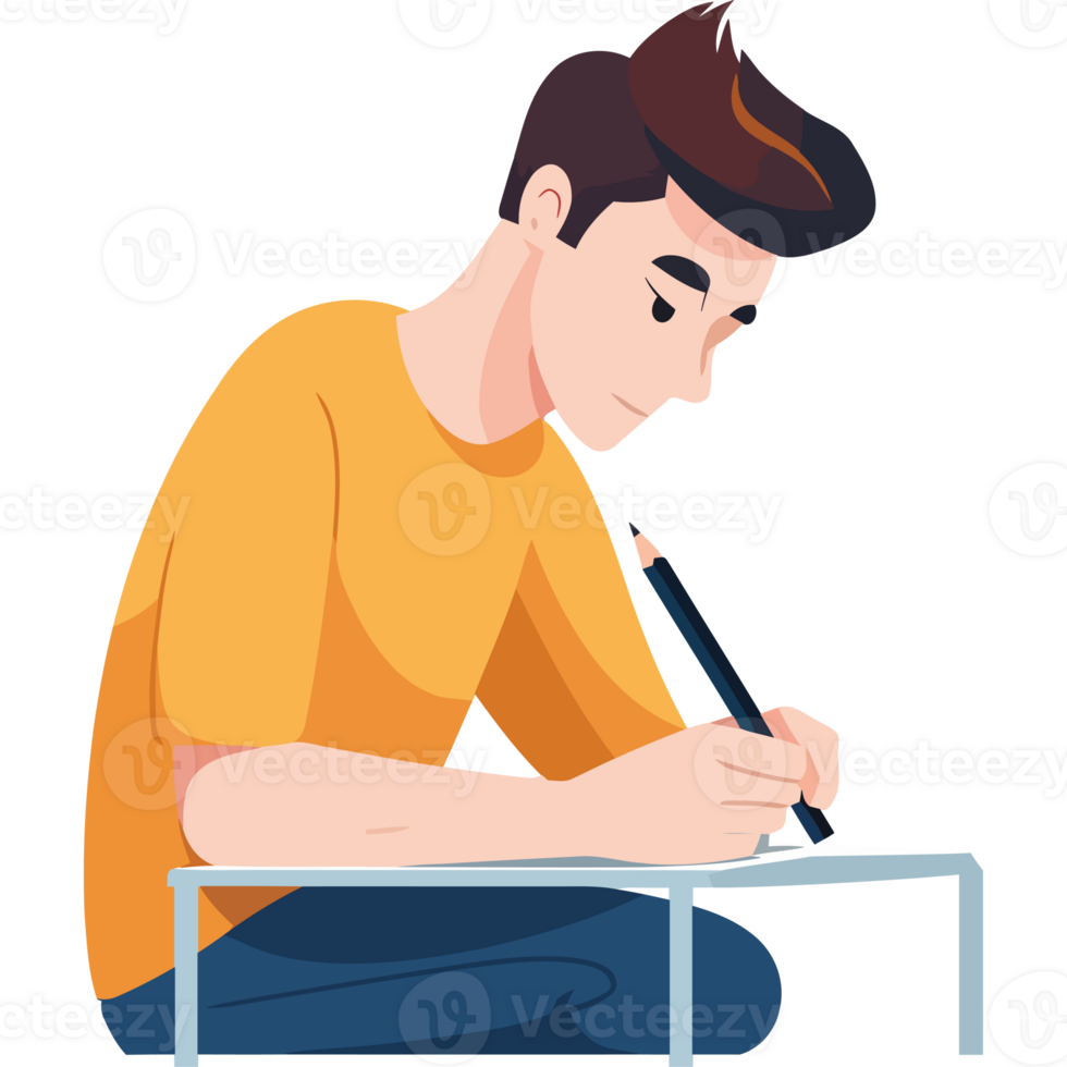 A man is sitting at a table writing with a pencil png
