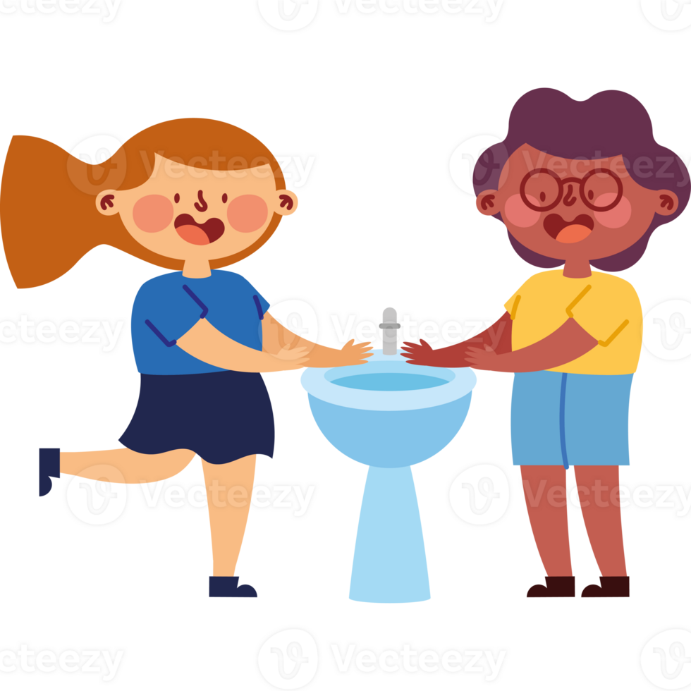 Two children washing their hands in a sink png