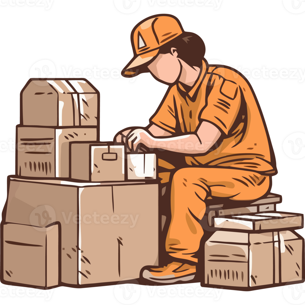 A man in an orange uniform is sitting on a stack of boxes png
