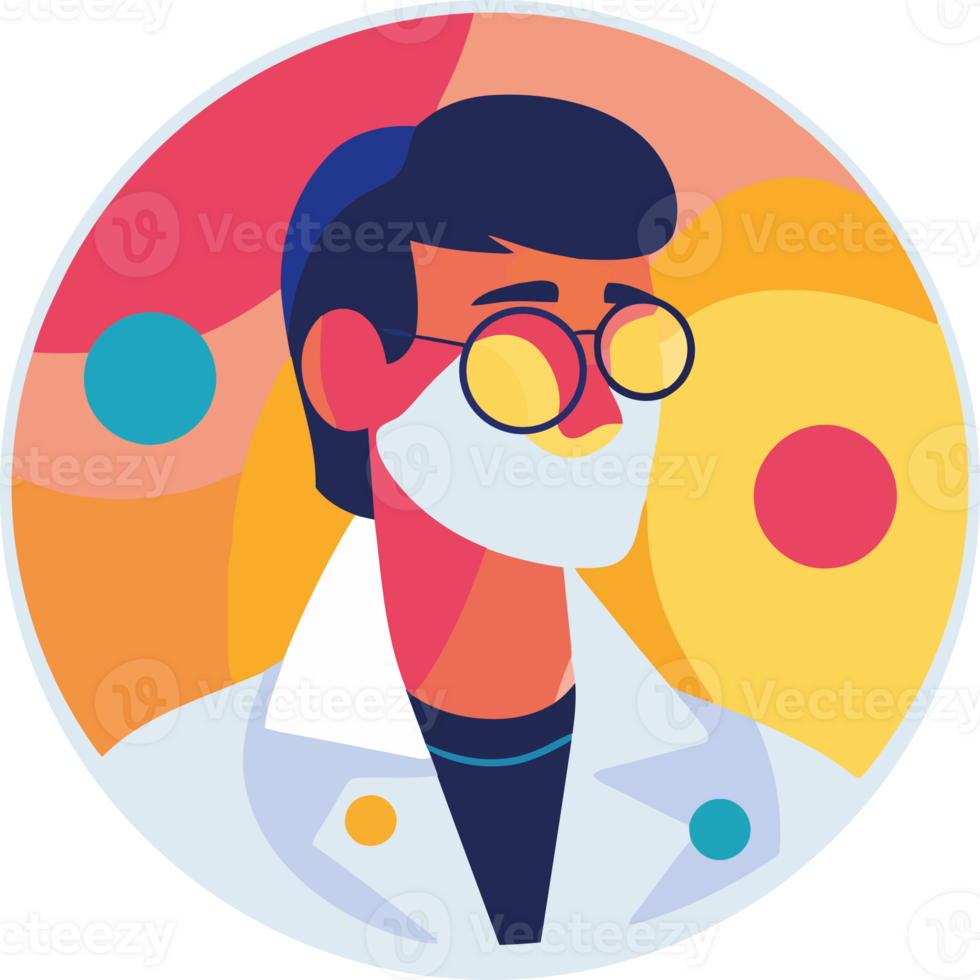 A man in a lab coat and glasses png
