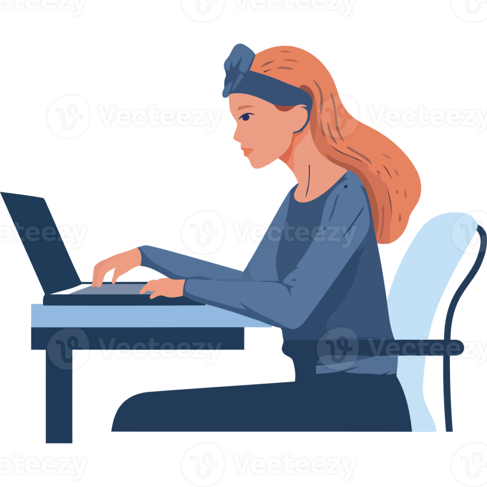 A woman is sitting at a desk using a laptop png
