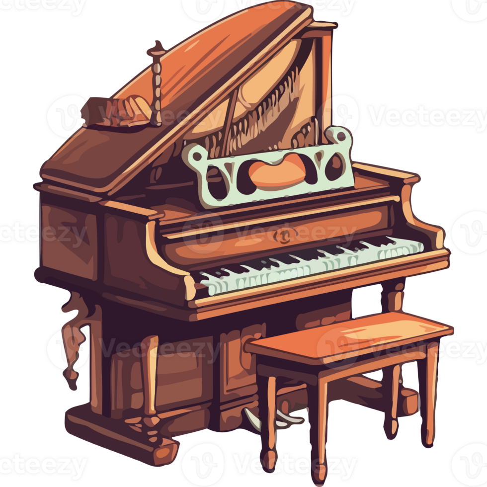 A grand piano with a wooden bench and a hat png