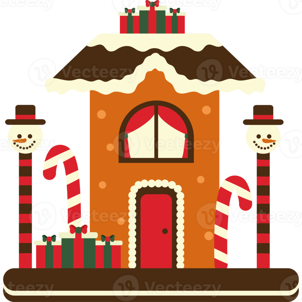 A gingerbread house with candy canes and presents png