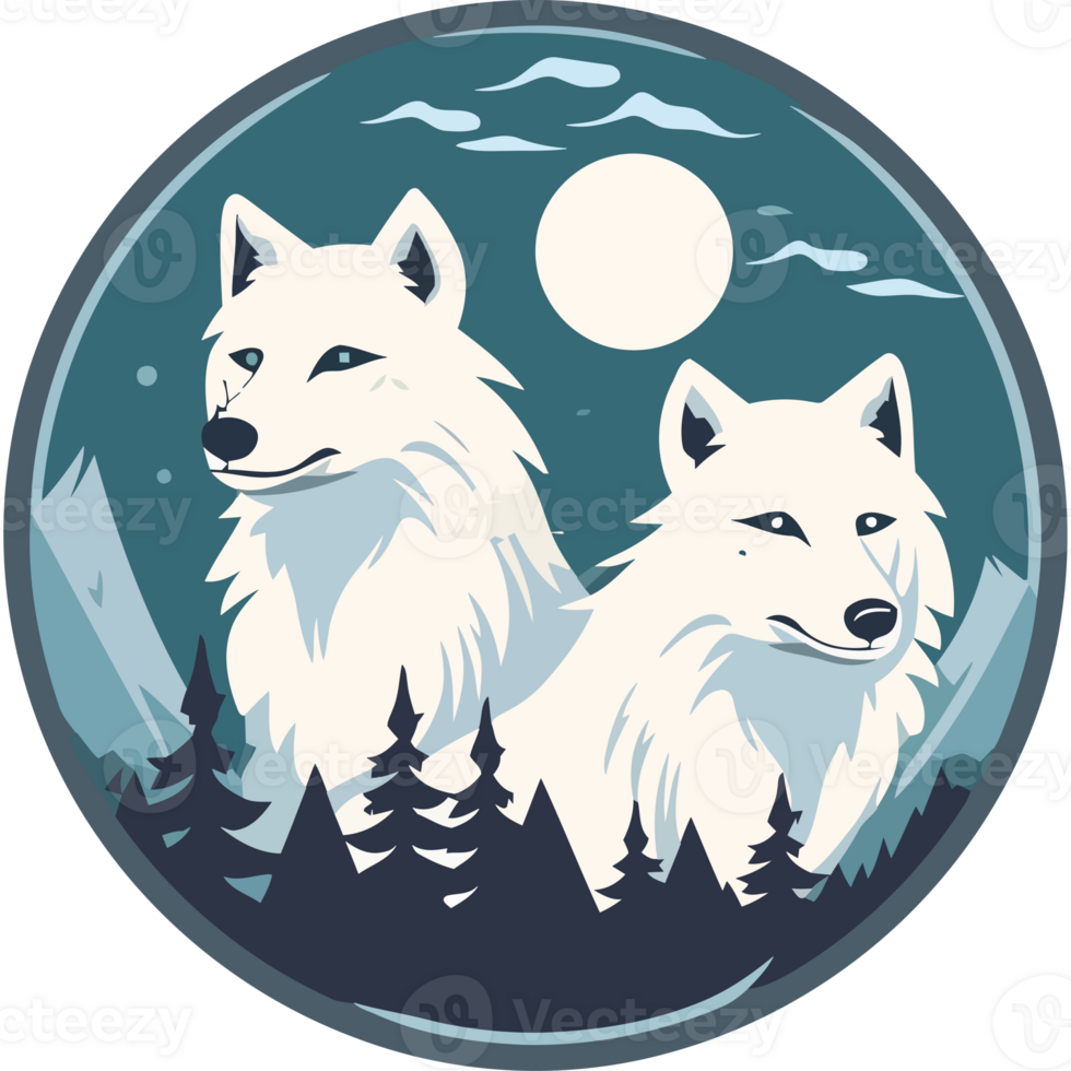 Two white wolves standing in front of trees and the moon png