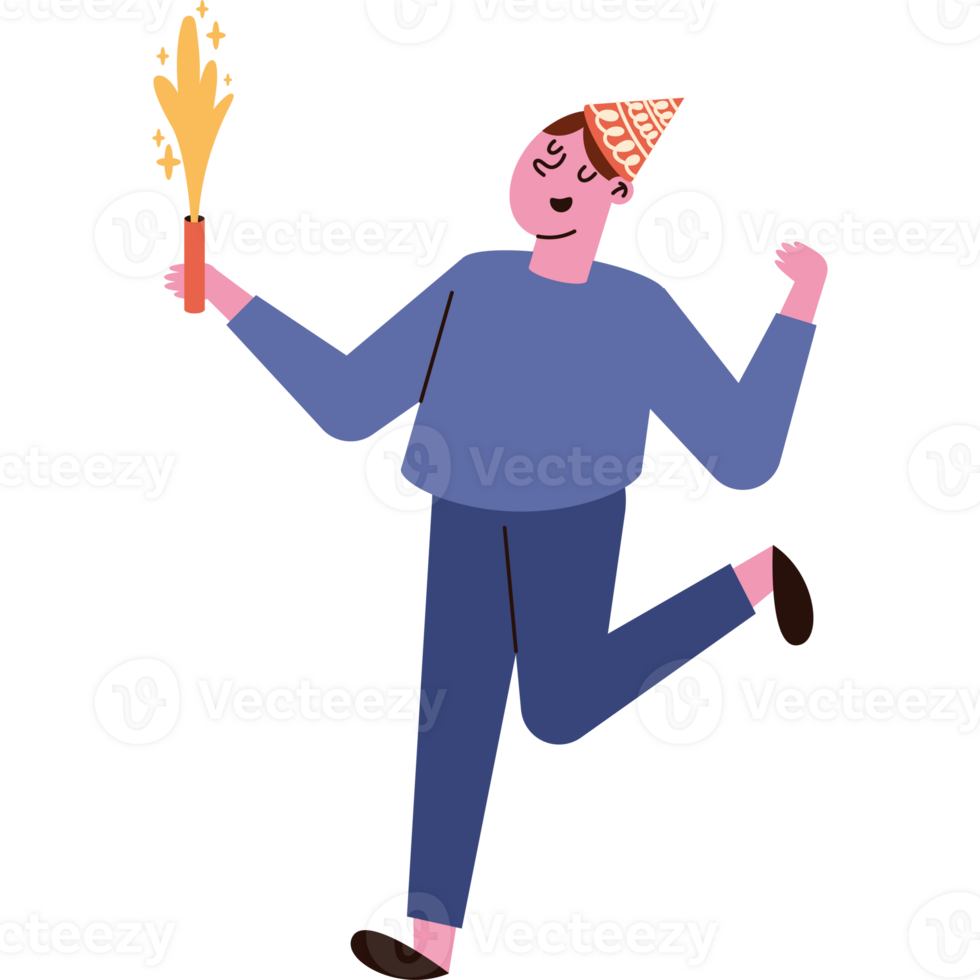 A cartoon man with a party hat and a sparkler png