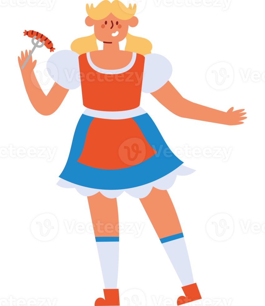 ein Karikatur Mädchen im ein Orange Kleid halten ein Würstchen png