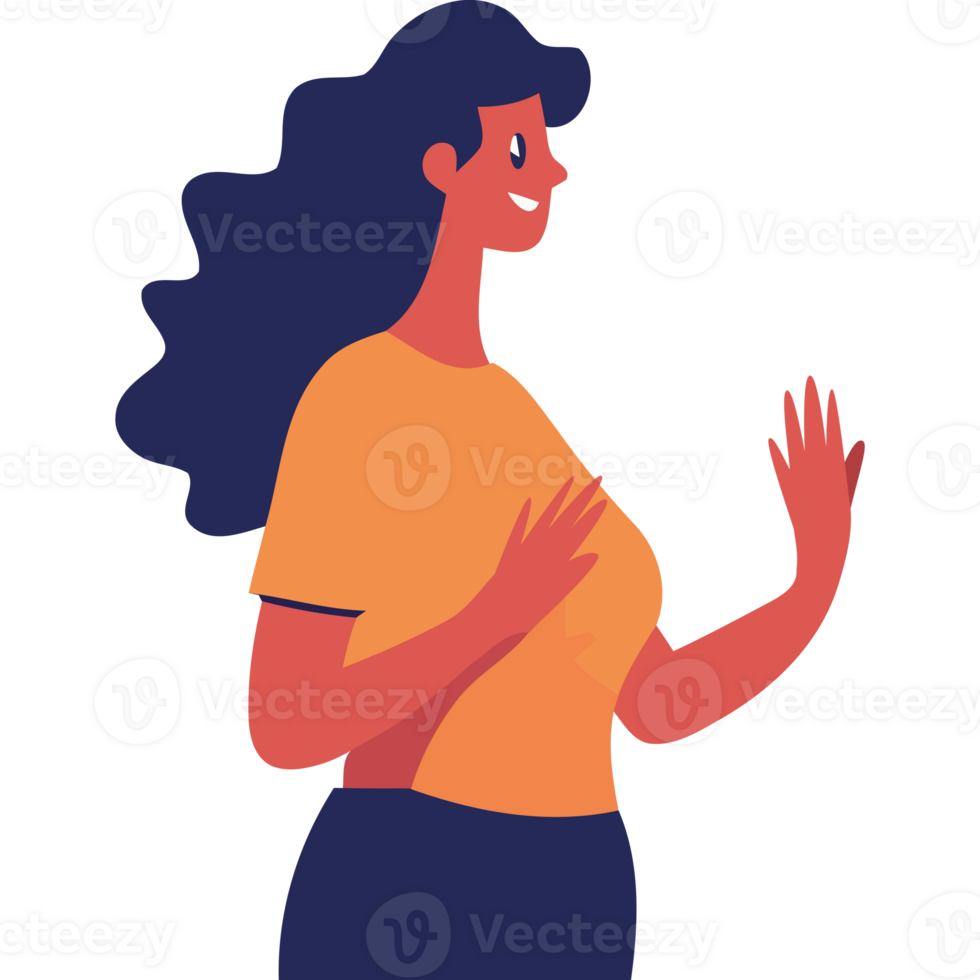 A woman with long hair and orange shirt is gesturing png