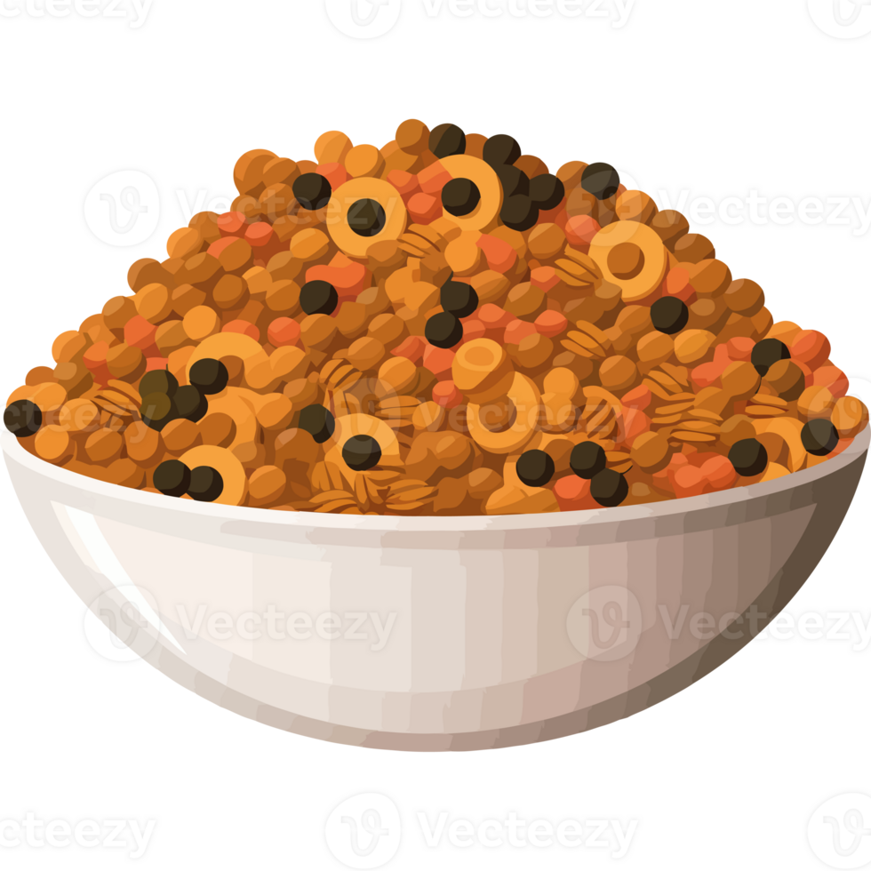 A bowl of cereal with nuts and raisins png