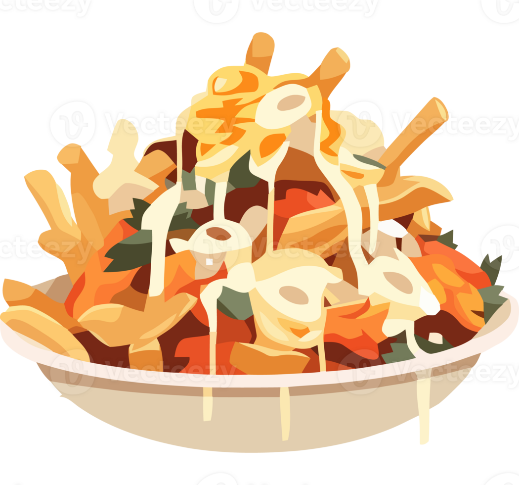 A bowl of french fries with cheese and sauce png