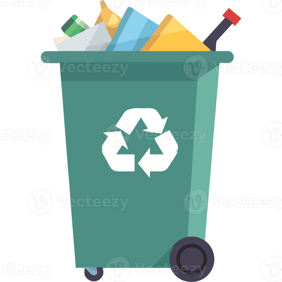 A green trash can with recycling items png