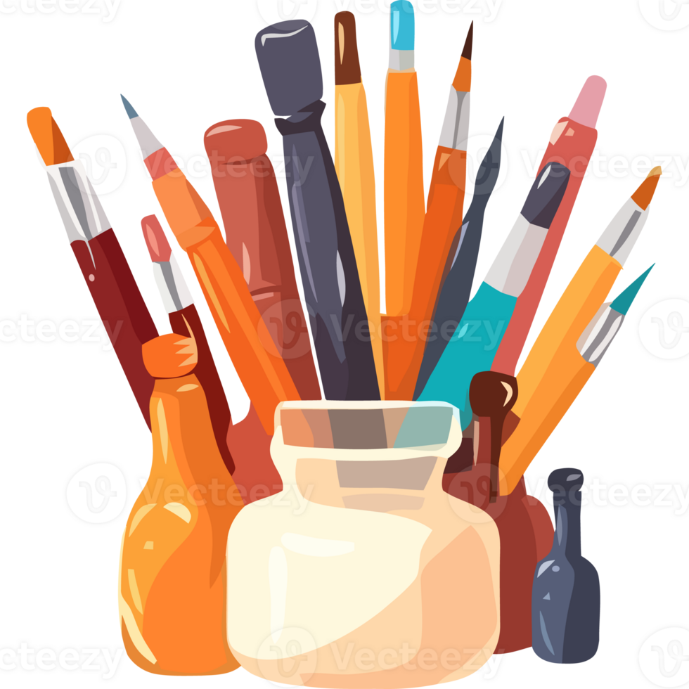 A bunch of paint brushes and other art supplies png