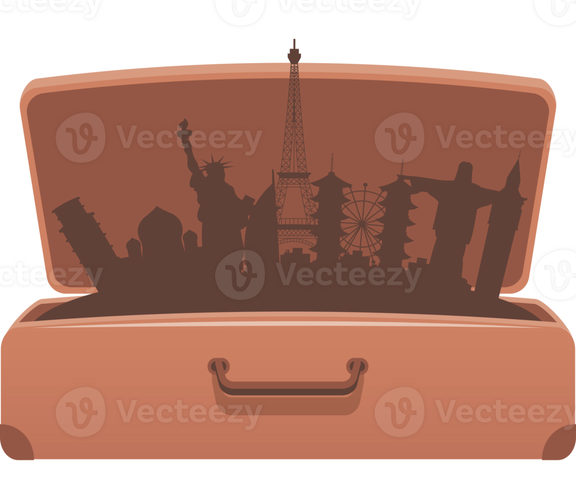 A suitcase with a silhouette of the eiffel tower and other landmarks png