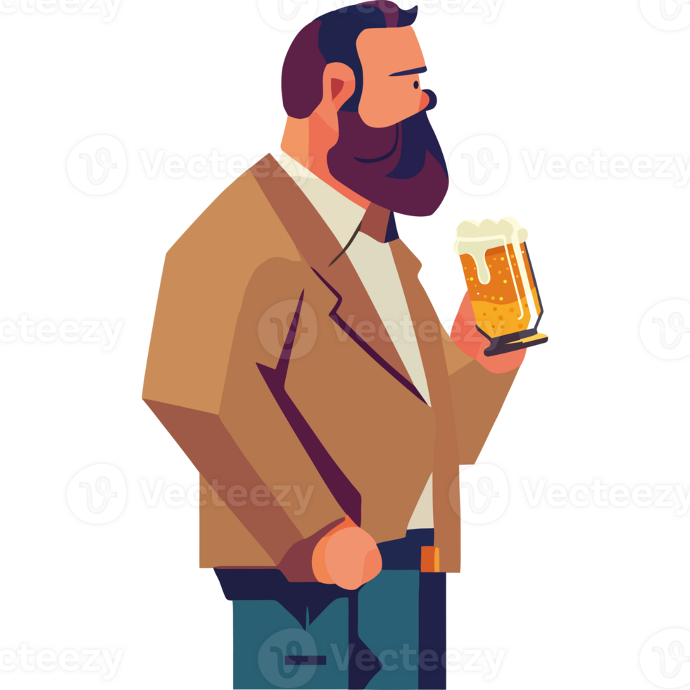 Man with beard drinking beer illustration png