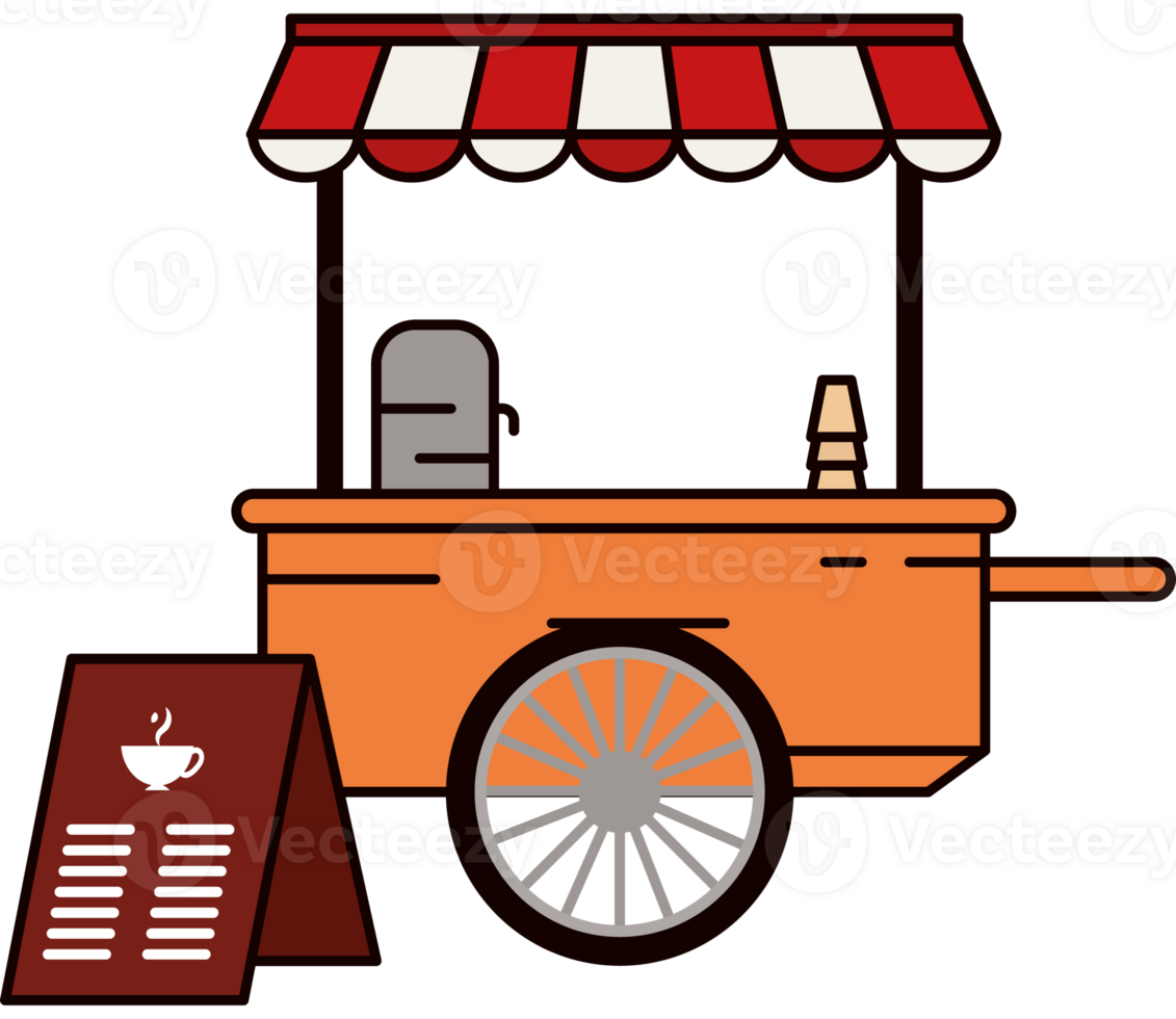A food cart with a sign and a coffee cup png