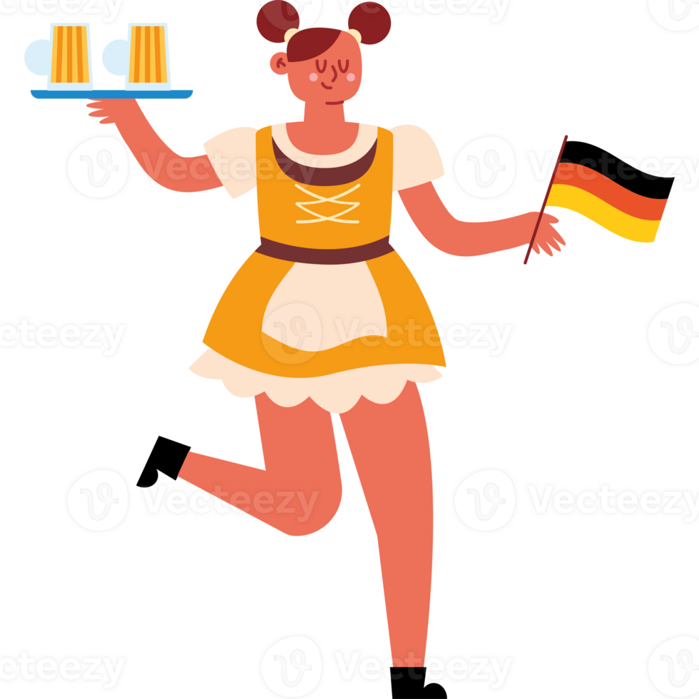 A girl in a german costume holding a tray with beer png