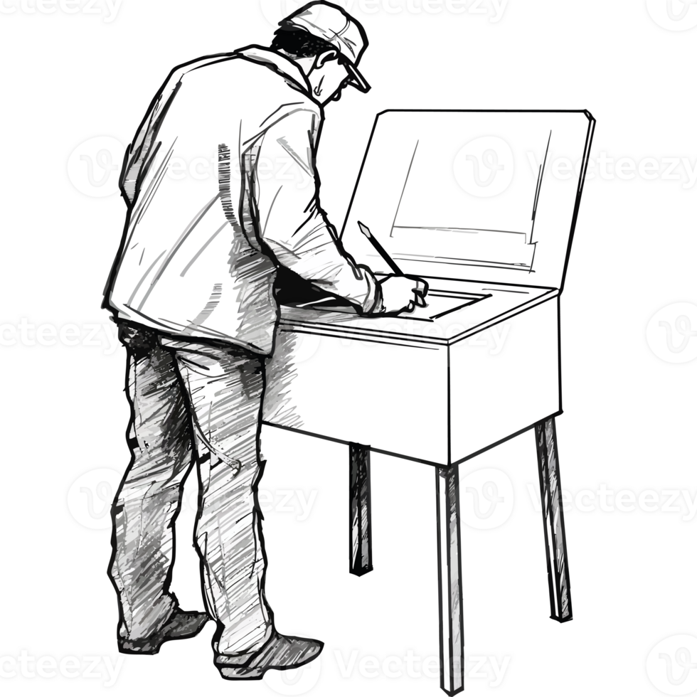 A man is standing in front of a voting machine png