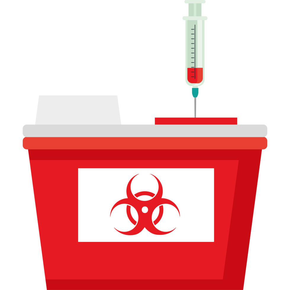 A blood container with a syringe and a biohazard sign png