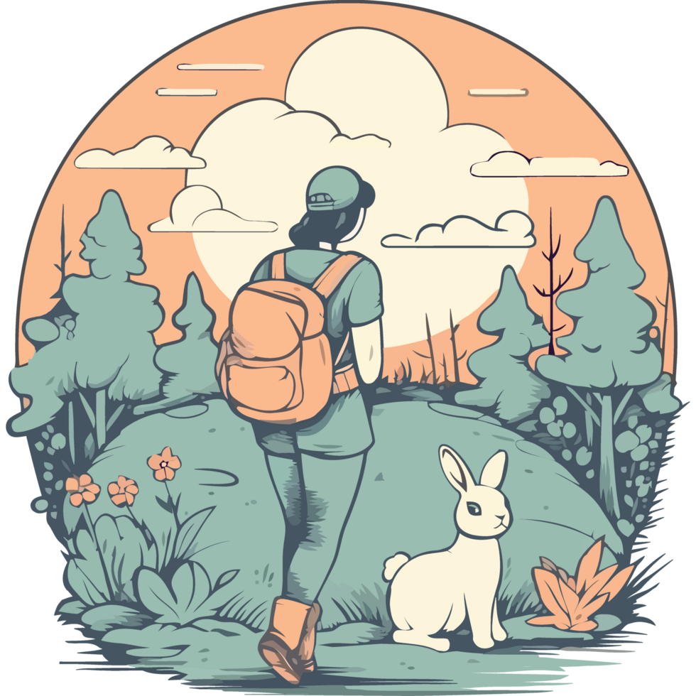 A woman with a backpack and a rabbit in the woods png