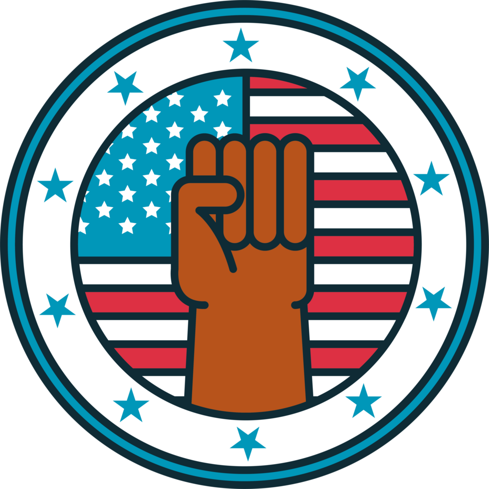 A fist raised in front of an american flag png