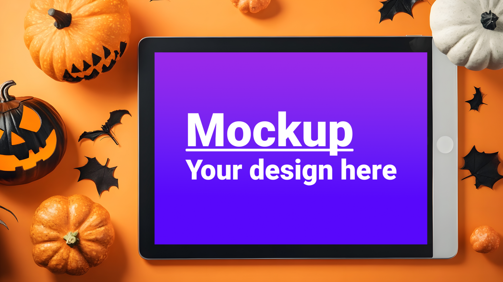 Tablet pc with pumpkins and halloween decorations psd