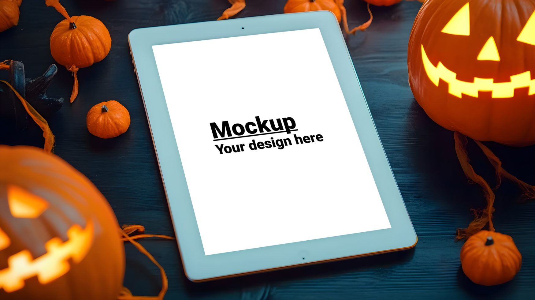 Tablet pc with halloween pumpkins psd