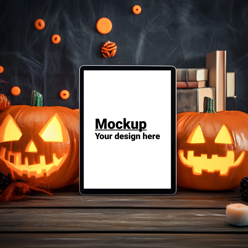 Tablet pc with halloween pumpkins and candles psd