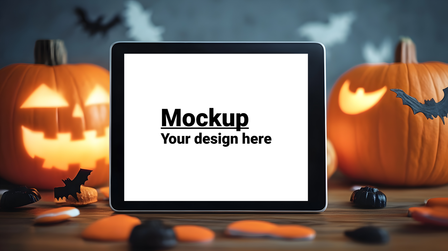 Tablet pc with halloween pumpkins psd
