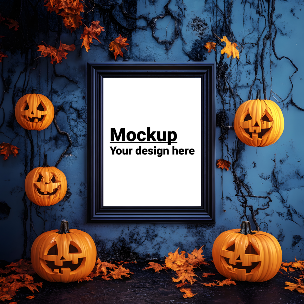 Mockup of a black frame hanging on the wall on a halloween background with pumpkins and leaves psd