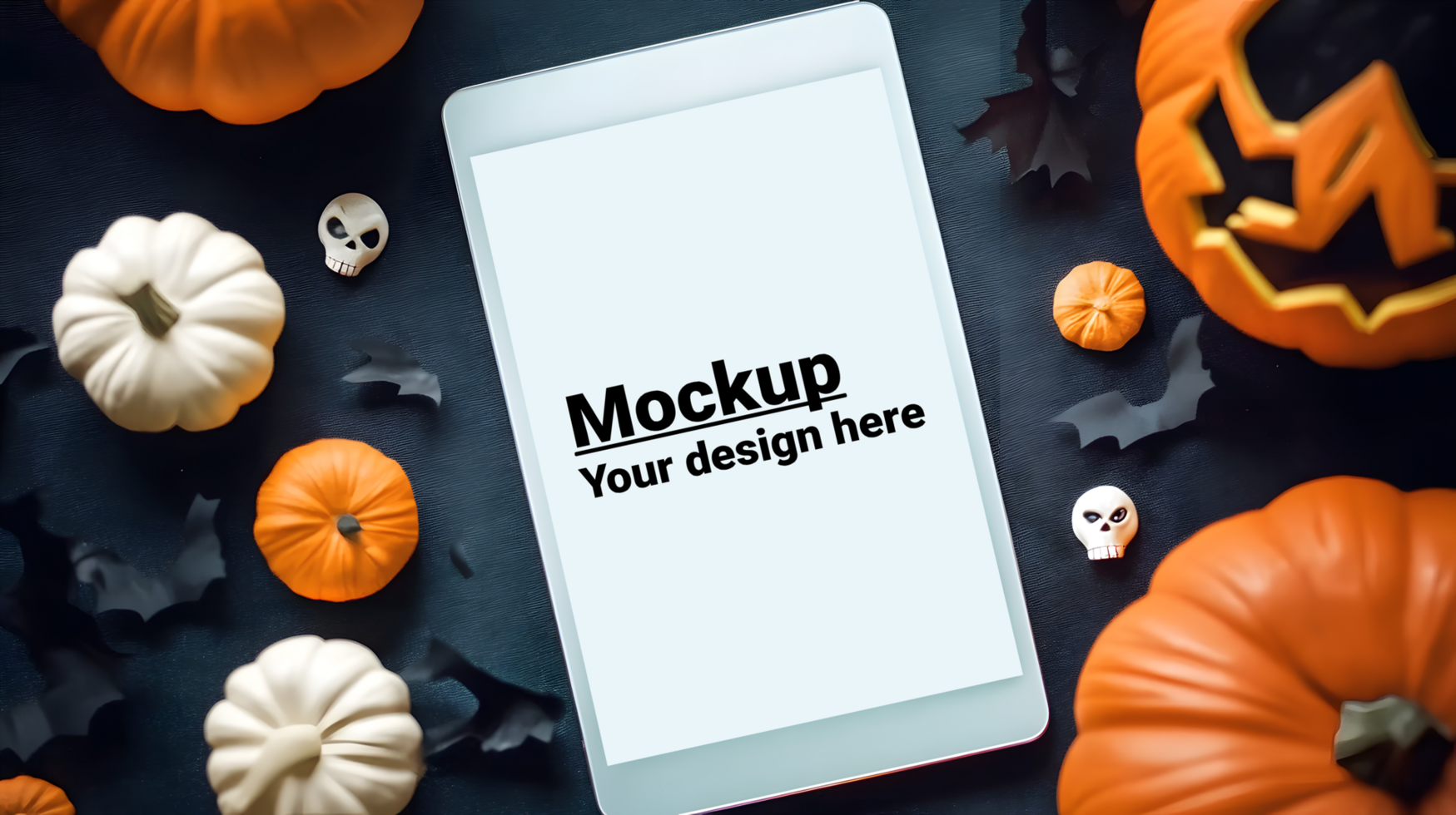 Tablet mockup on Halloween theme background with pumpkins psd
