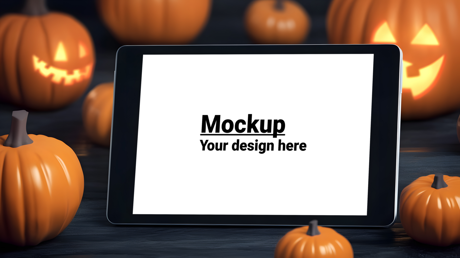 Tablet pc with pumpkins on a wooden background psd