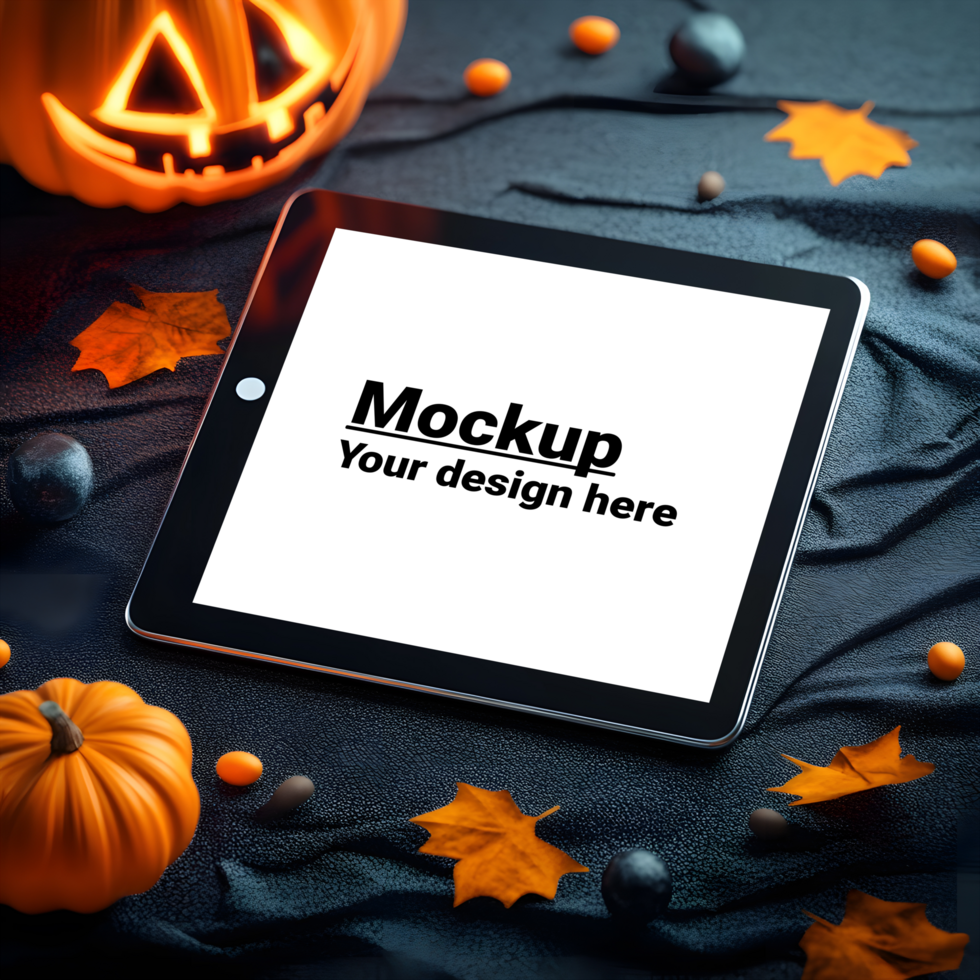 Tablet pc with mockup of halloween pumpkins psd