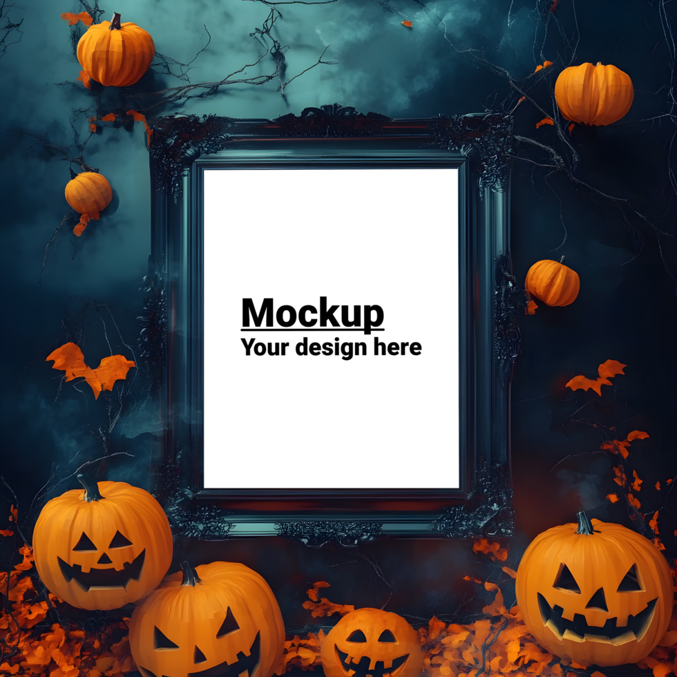Layout of a black frame hanging on the wall on a halloween background with pumpkins and leaves psd