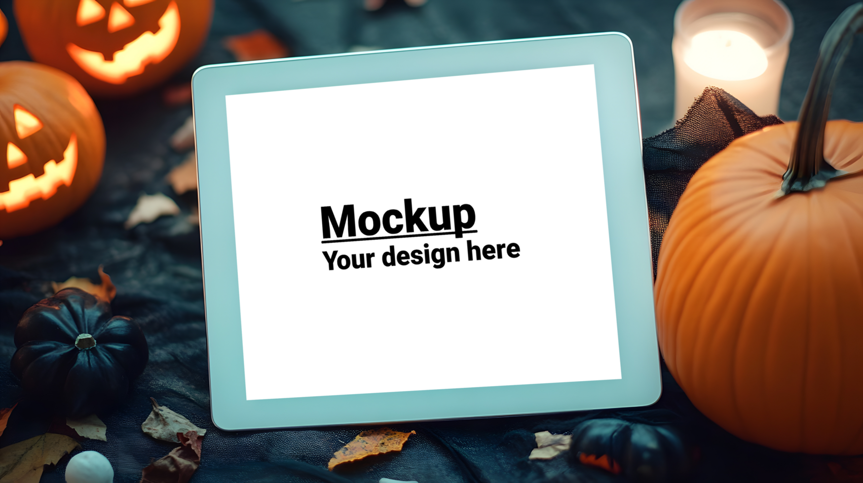 Mockup of tablet on Halloween background with pumpkins psd