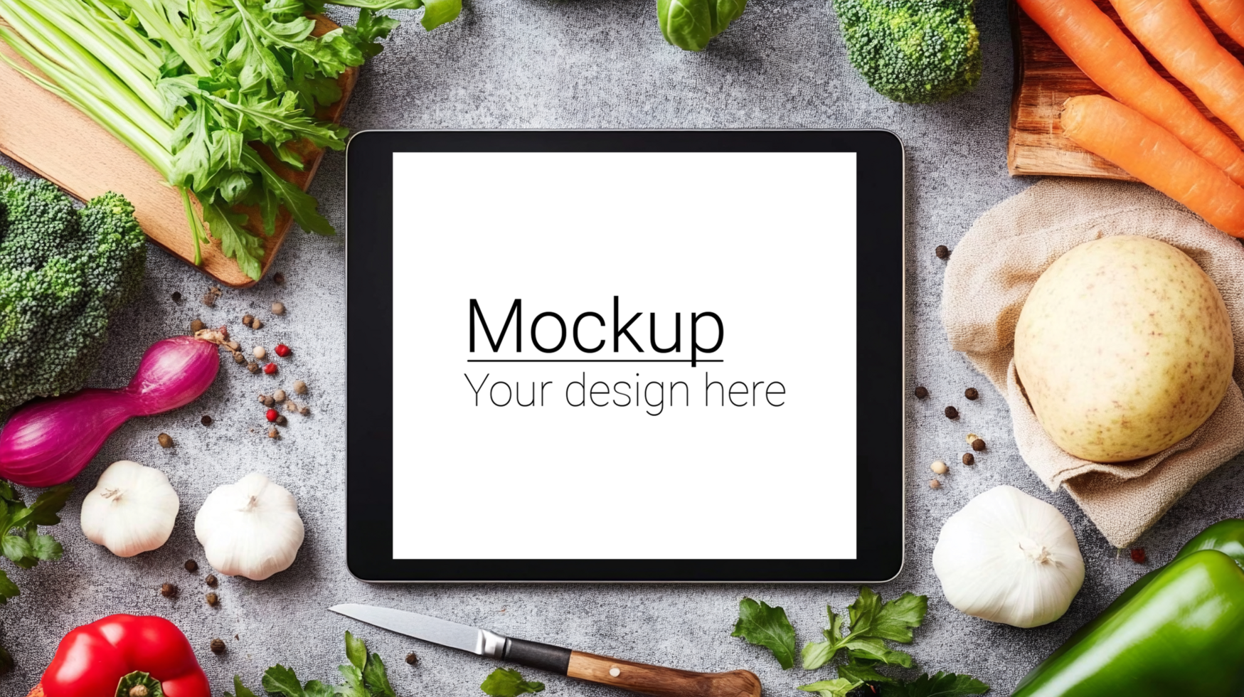 Tablet pc with mockup of vegetables psd