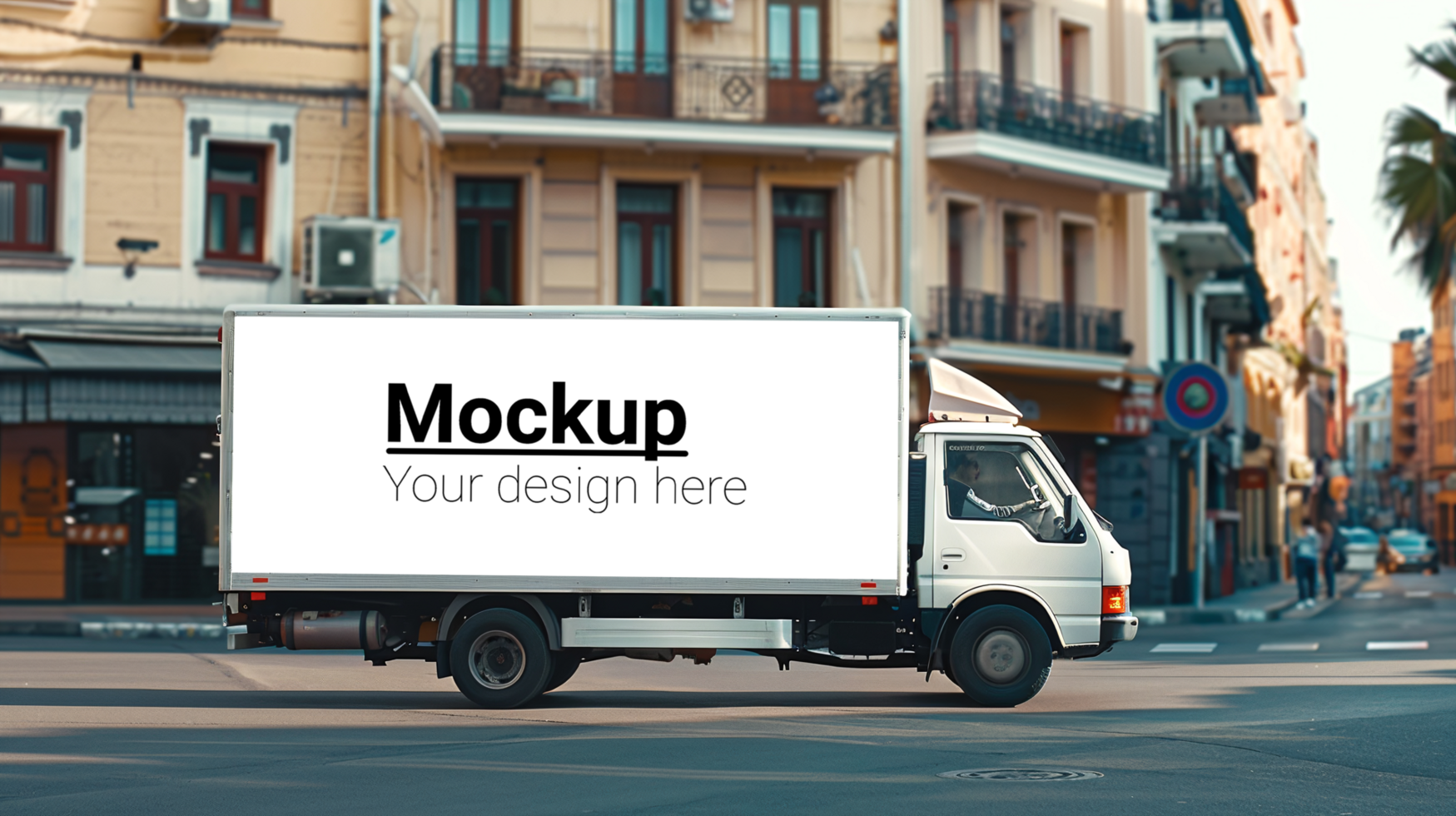 A white truck driving down the street with a mockup on the back psd