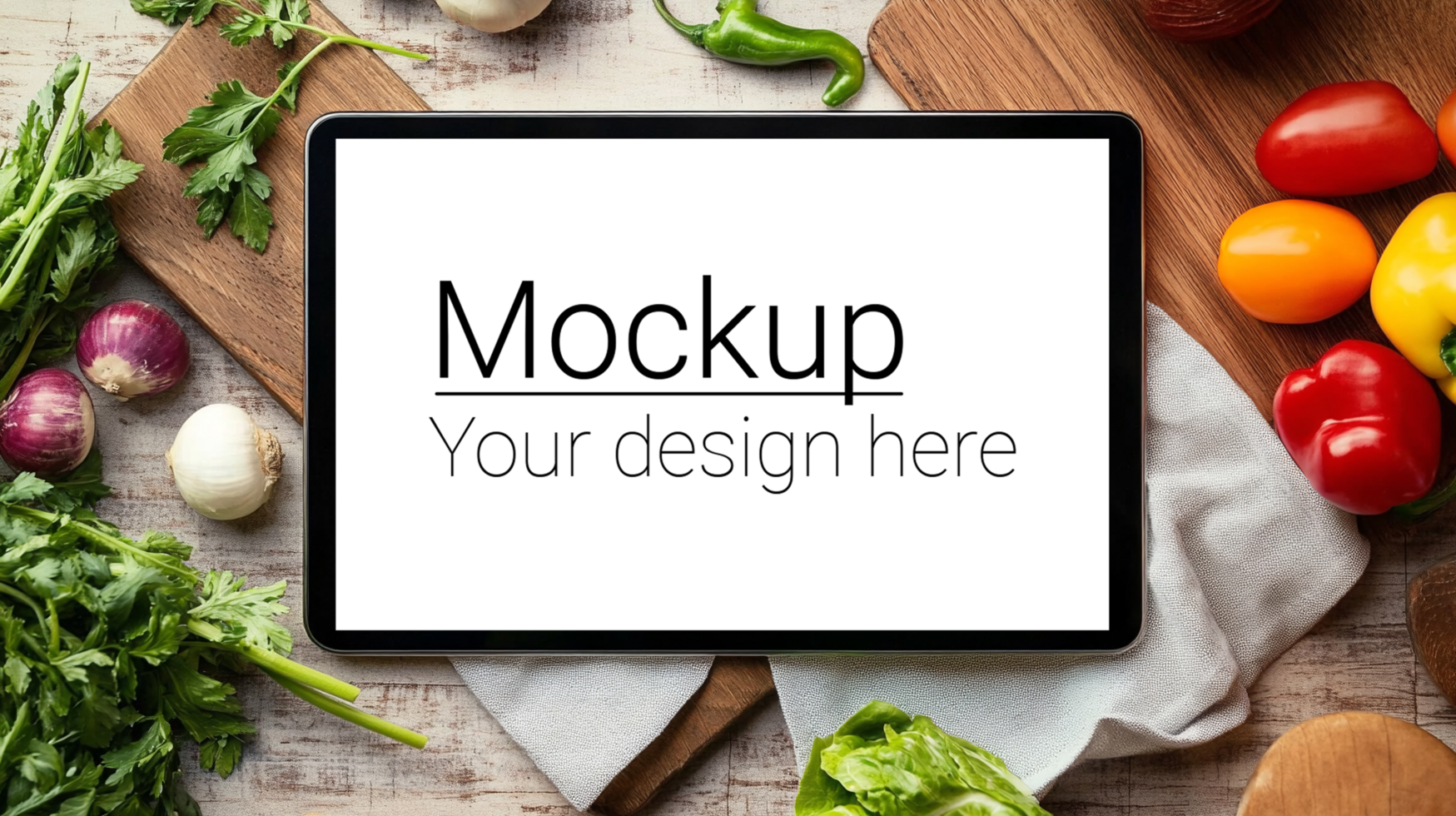 Tablet pc mockup on a wooden cutting board psd
