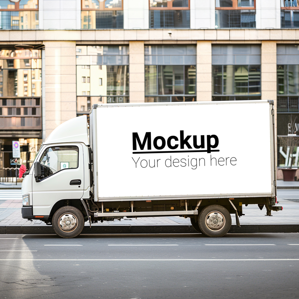 A white truck is parked on the side of the road psd