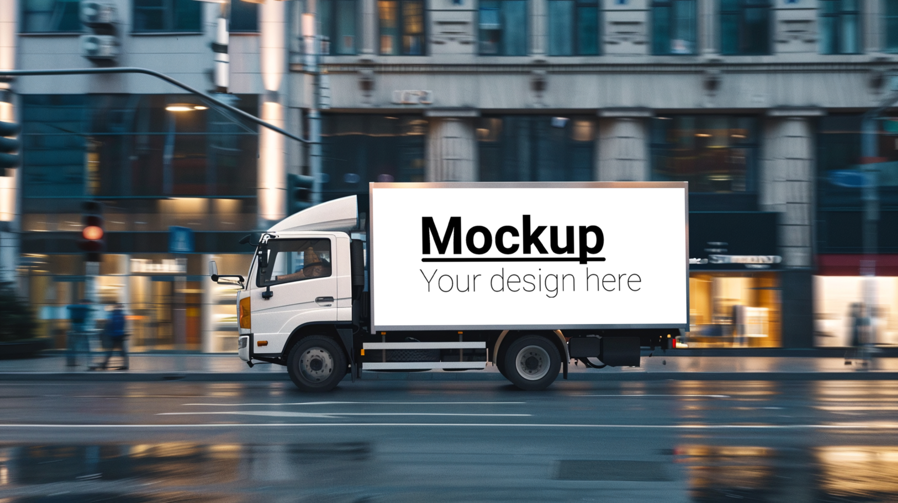 A truck is driving down the street with a mockup on the back psd