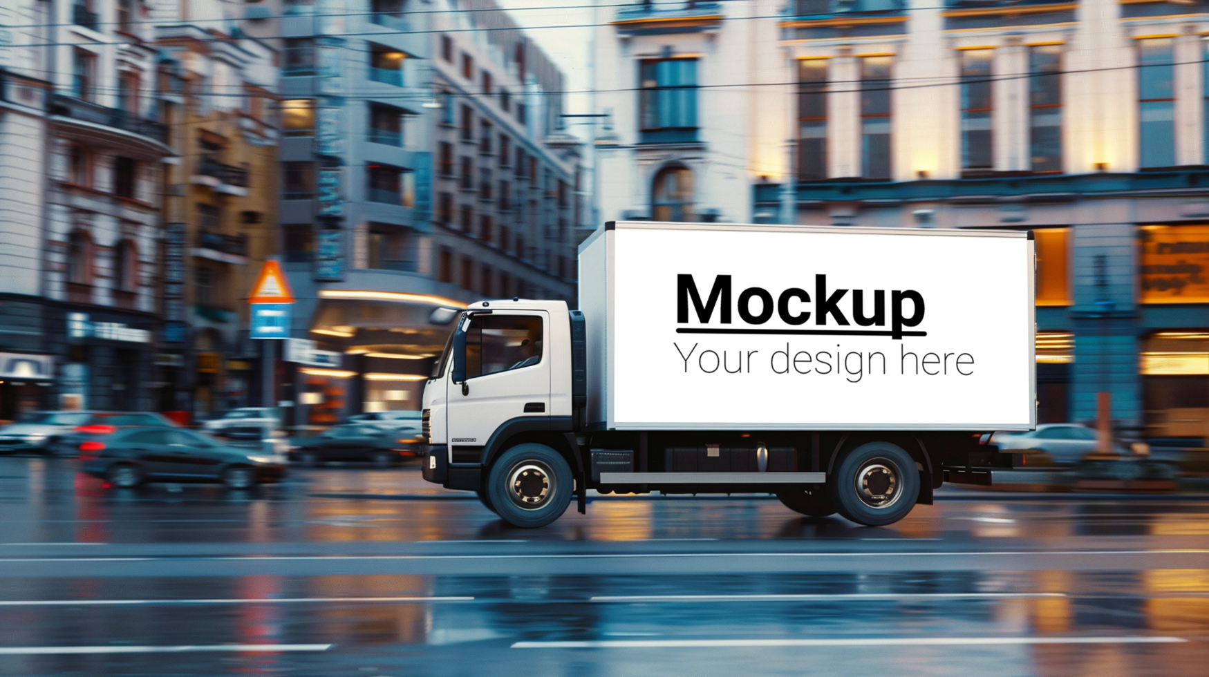 A white truck is driving down the street psd