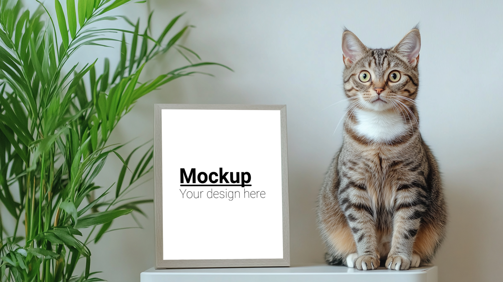 Mockup of a cat sitting next to a frame psd