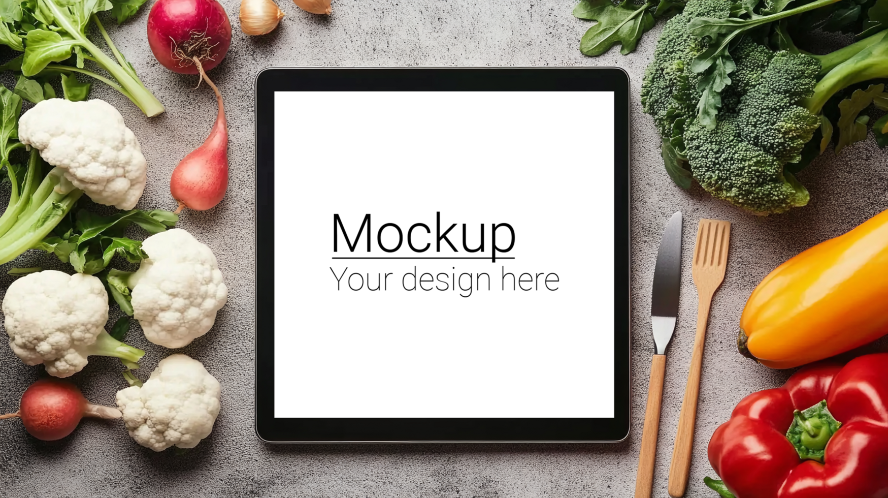 Tablet pc with mockup of vegetables psd