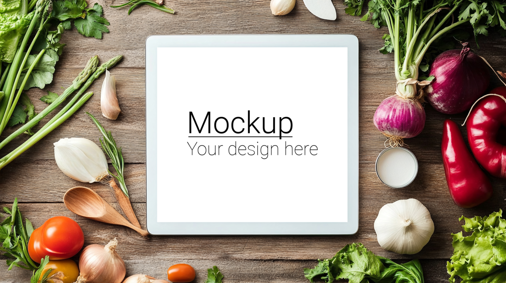 Tablet with mockup of vegetables on wooden background psd