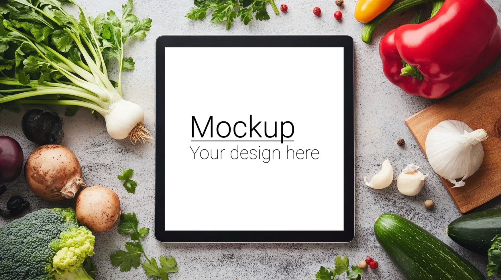 Tablet pc with mockup of vegetables psd
