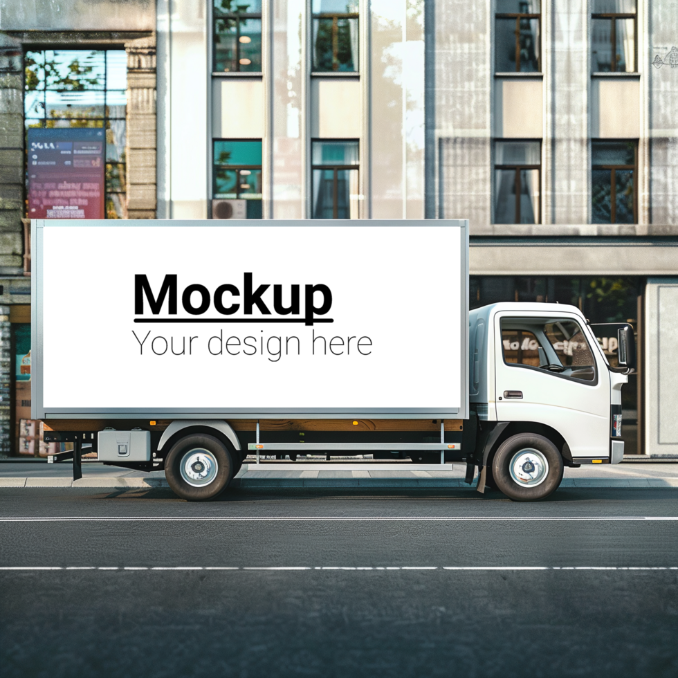 A white truck with a blank box mockup on the street psd