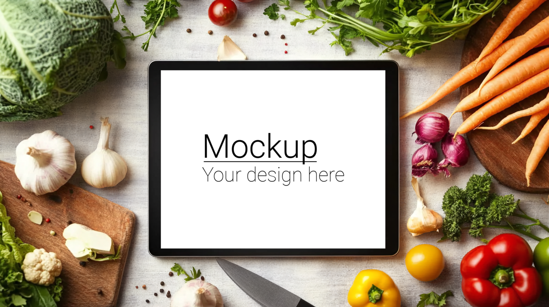 Tablet pc with mockup of vegetables psd