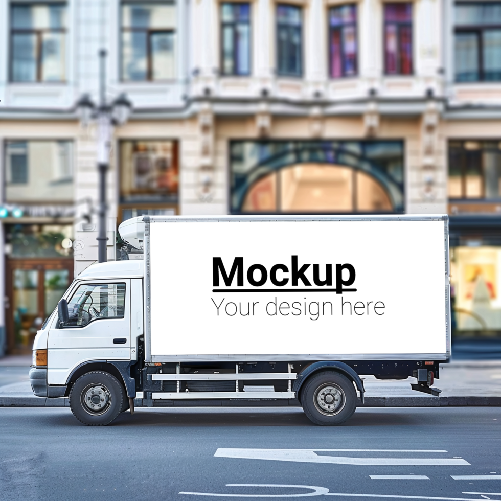 A white truck with a mockup on the side of the road psd