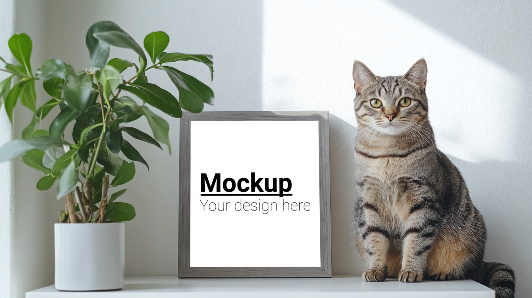 Cat mockup in front of a plant psd